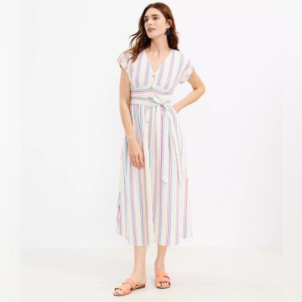 Loft Seersucker Striped Rainbow Midi Shirt Dress